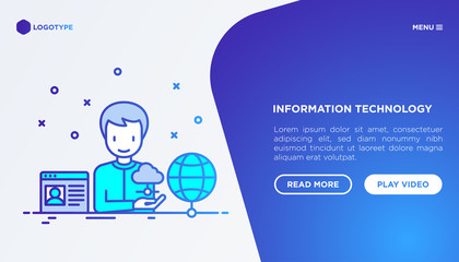 Wall Mural - information technology concept: man using cloud service. vector illustration, web page template.
