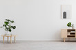 © Photographee.eu - Empty space for your sofa in real photo of bright living room interior with fresh plants, simple poster and books on wooden cupboard