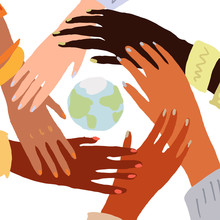 Illustration Of A People's Hands With Different Skin Color Together Holding Each Other. Race Equality, Feminism, Tolerance Art In Minimal Style.