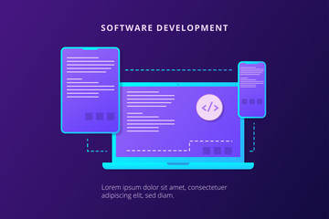 Software development. Landing page template with mobile devices.