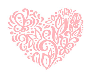 Wall Mural - Hand drawn heart love valentine flowers separator. Calligraphy designer elements flora. Vector vintage wedding illustration Isolated on white background frame, hearts for your design