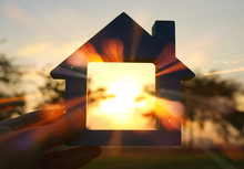 Image Of Vintage House In The Grass, Garden Or Park At Sunset Light.