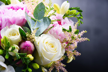 Composition with bouquet of freshly cut flowers