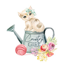 Cute Watercolor Blue Eyed Kitten With Tied Bow And Garden Watering Can With Floral, Flowers Bouquet And Yarn Ball