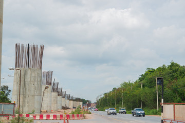 Parallel bridge way under contruction,countryside,long bridge,tollway,The road outside,Site construction of the bridge tollway large.