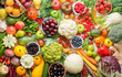 Leinwandbild Motiv Healthy summer fruits vegetables berries background, cherries peaches strawberries cabbage broccoli cauliflower squash tomatoes carrots spring onions beans beetroot, pepper, top view, selective focus
