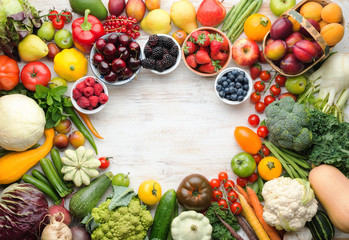 Wall Mural - Fresh summer fruits vegetables berries background, cherries peaches strawberries cabbage broccoli cauliflower squash tomatoes carrots beans beetroot, pepper, top view, selective focus