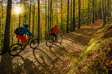 Fototapeta Las - Cycling, mountain biker couple on cycle trail in autumn forest. Mountain biking in autumn landscape forest. Man and woman cycling MTB flow uphill trail.