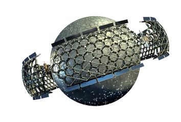 spaceship with a planetary sphere surrounded by a geodesic structure