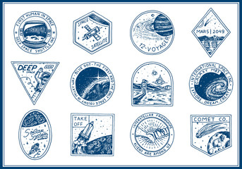 vintage space logo. exploration of the astronomical galaxy. mission astronaut or spaceman. cosmonaut