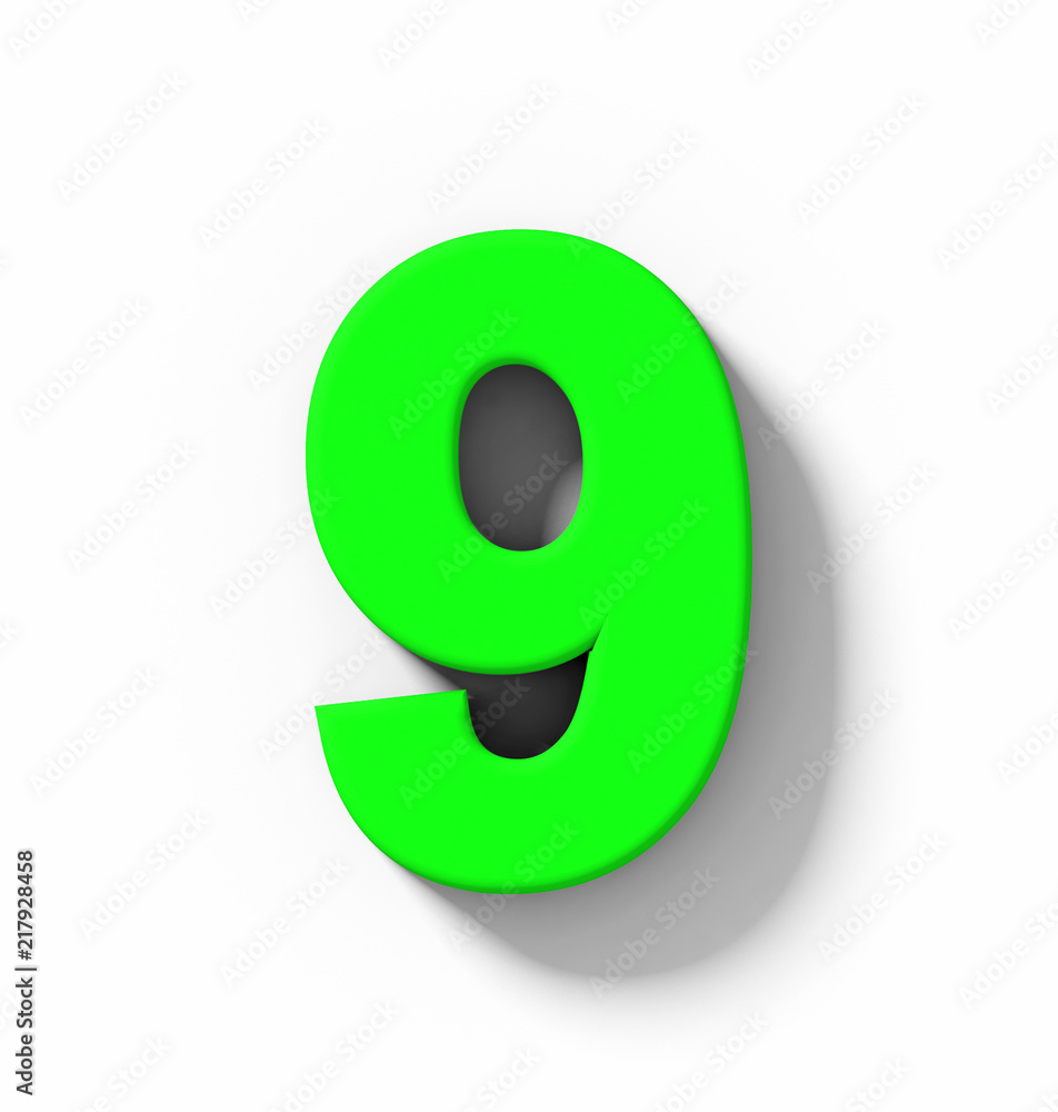 number 9 3D green isolated on white with shadow - orthogonal projection ...
