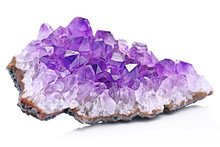 Violet Crystal Stone Macro Mineral. Purple Rough Amethyst Quartz Crystals Geode On White Background, Uruguay