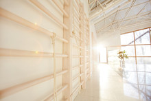 Row Of Wooden Gymnastic Wall Bars Along White Wall In Big Light Fitness Hall With Sunlight 