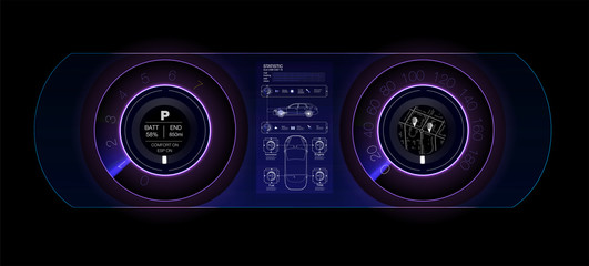 Automotive dashboard of the future. Hybrid car. Diagnostics and elimination of breakdowns. Blue. HUD style. Vector image.