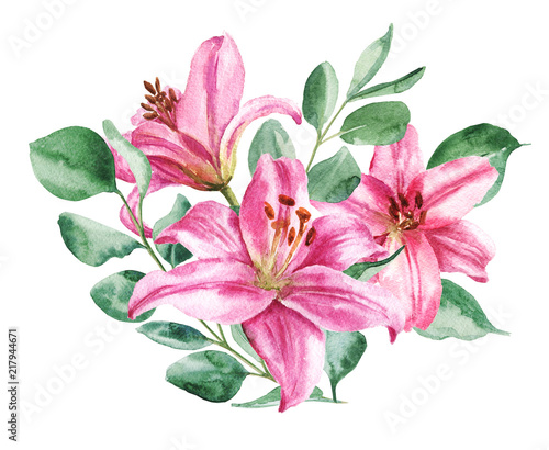 Fotomural Hand drawn watercolor lilly bouquet with eucalyptus isolated on white background