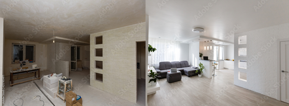 Renovation before and after - empty apartment room, new and old, - obrazy, fototapety, plakaty 