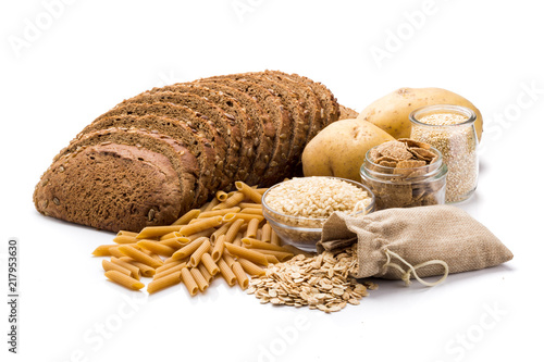 Cuadros en Lienzo Group of whole foods, complex carbohydrates isolated on a white background