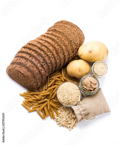 Fotografía Group of whole foods, complex carbohydrates isolated on a white background