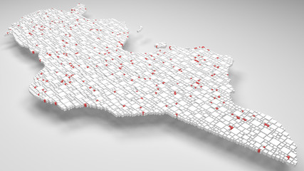 Wall Mural - 3D Map of the Republic of Tunisia - Africa | 3d Rendering, mosaic of little bricks - White and flag colors. A number of 3983 little boxes are accurately inserted into the mosaic