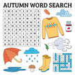 Learn English with an autumn word search game for kids. Vector illustration.