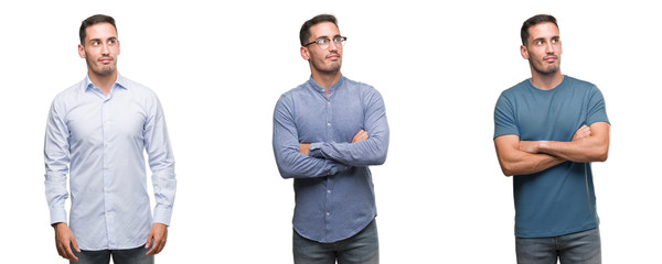 Wall Mural - Handsome young man wearing different outfits smiling looking side and staring away thinking.