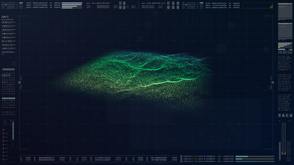 Fototapete - Futuristic military concept for head up display with holographic terrain, user interface readout, targeting and tracking enemy in digital cyber space background