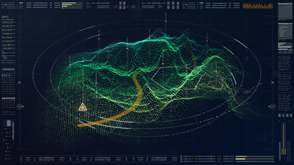 Aufkleber - Futuristic military concept for head up display with holographic terrain, user interface readout, targeting and tracking enemy in digital cyber space background