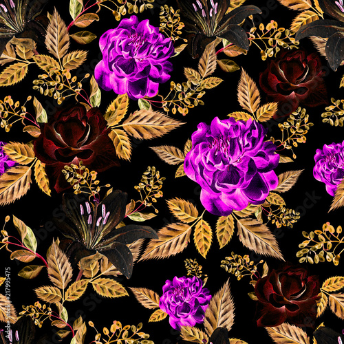 Bright watercolor pattern with flowers of a rose, lily and a peony.