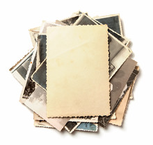 Stack Old Photos Isolated On White Background. Mock-up Blank Paper
