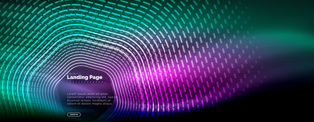 Neon glowing techno hexagon shape lines, hi-tech futuristic abstract background, landing page template