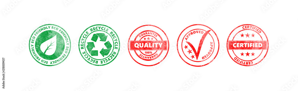 Red and green round stamps with text isolated on white background, banner - obrazy, fototapety, plakaty 