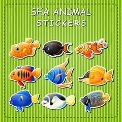 Wall Mural - Cute cartoon sea animals on sticker