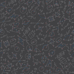 Wall Mural - Seamless pattern on the theme of learning and geometry colored chalks on the dark school Board with formulas and graphs