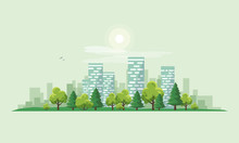 Flat Vector Illustration Of Urban Road Landscape Street With City Office House Buildings And Green Trees On Skyline Background In Cartoon Style.
