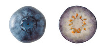 Top View Of Ripe Blueberries Isolated On White Background. Close-up Of Bilberry, One Is Cut In Half