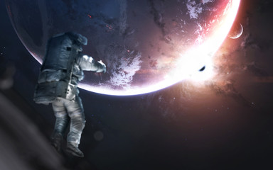 Wall Mural - deep space planets, awesome science fiction wallpaper, astronaut at spacewalk. elements of this imag