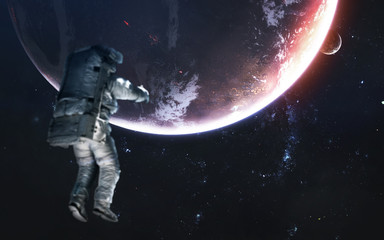 Wall Mural - deep space planets, awesome science fiction wallpaper, astronaut at spacewalk. elements of this imag