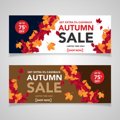 Autumn sale banner template with leaves, fall leaves for shopping sale. banner design. Poster, card, label, web banner. Vector illustration