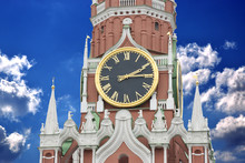  Ancient Clock On The Spassky Tower Of The Moscow Kremlin Against A Blue Sky And White Clouds.