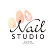 Nail studio logo, design element for nail bar, manicure saloon, manicurist technician vector Illustration on a white background