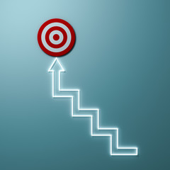 Poster - Steps or Light stairs arrow aiming to goal target or red dart board the business concept over light green wall background with shadow 3D rendering