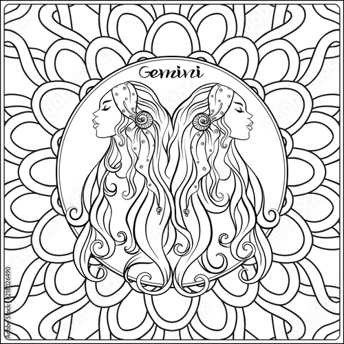 Download Gemini. Twins, girls. Decorative zodiac sign on pattern background. Outline hand drawing. Good ...