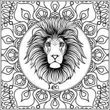 Leo, Lion. Decorative Zodiac Sign On Pattern Background. Outline Hand Drawing. Good For Coloring Page For The Adult Coloring Book Stock Vector Illustration.