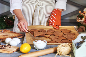 Wall Mural - Woman hands holding baking tray with holiday cookie.