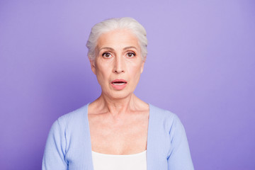 Sticker - Portrait of grey haired old nice beautiful amazed shocked woman.