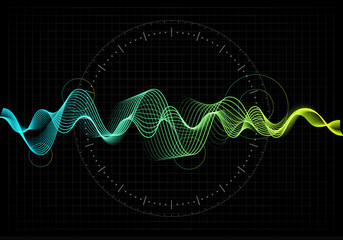 Equalizer vector illustration. Abstract wave icon set for music and sound. Pulsation color wavy motion lines on black background. Radio frequency graph. Graphic digital voice. Stock rate line.