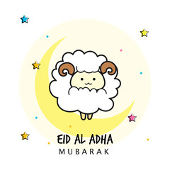 Sticker - Eid Al Adha Mubarak Vector illustration, Cute sheep on starry sky, Greeting card for Muslim community festival. 