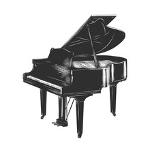 Vector Engraved Style Illustration For Posters, Decoration And Print. Hand Drawn Sketch Of Piano In Monochrome Isolated On White Background. Detailed Vintage Woodcut Style Drawing.