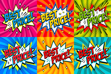 Sticker - Best Price Labels. Comic book style stickers. Sale banners in pop art comic style. Color summer banners in pop art style Ideal for web. Decorative backgrounds with bomb explosive.