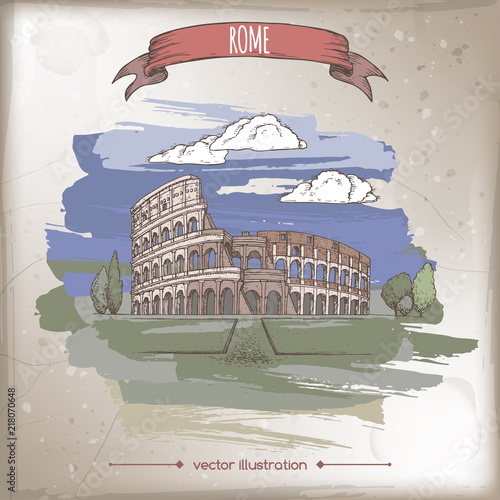Fotografia, Obraz Color vintage travel illustration with Colosseum aka Coliseum in Rome, Italy